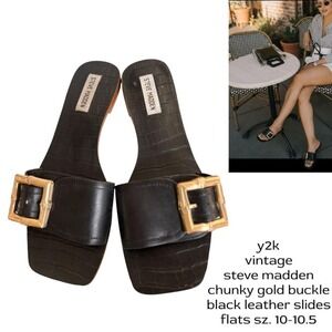 y2k steve madden chunky gold buckle black leather slides slip on sandals 10-10.5